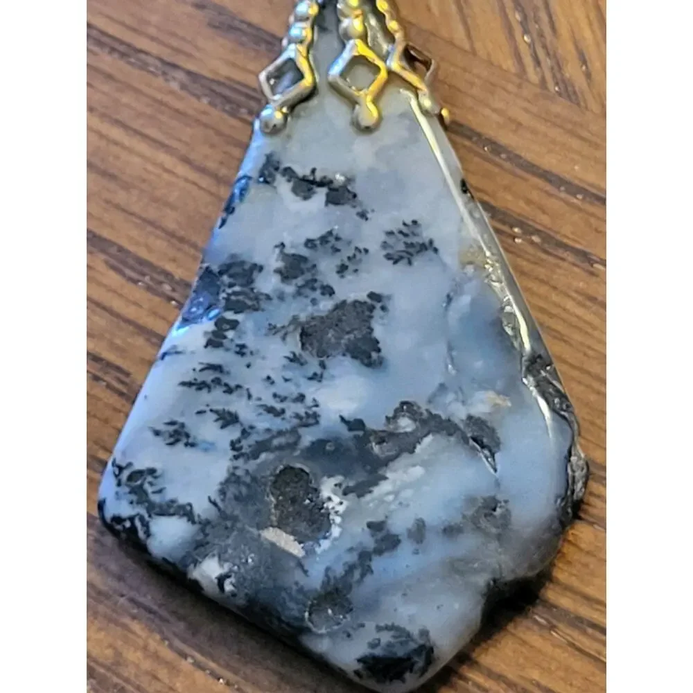 Vtg Estate Black Blue‎ Gemstone Agate Gold Tone Chain Jewelry Necklace Handmade